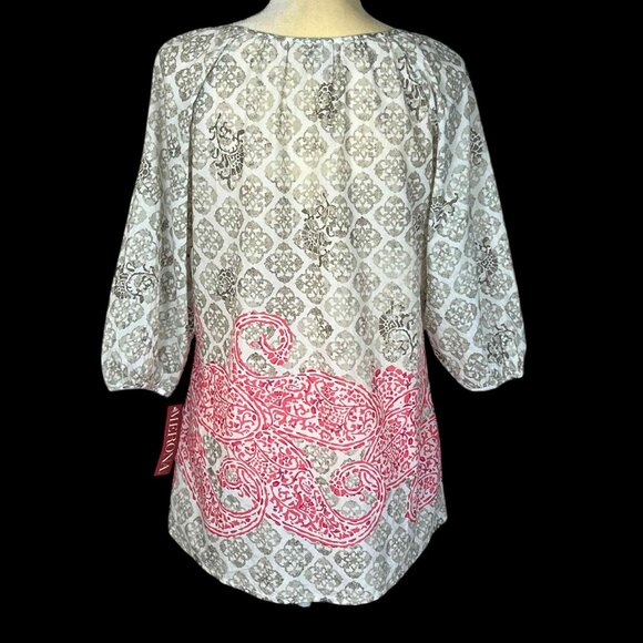 MERONA Women's Blouse 3/4 Sleeve Size Medium 100% Cotton‎ Tunic Gray Pink Casual - Picture 2 of 14